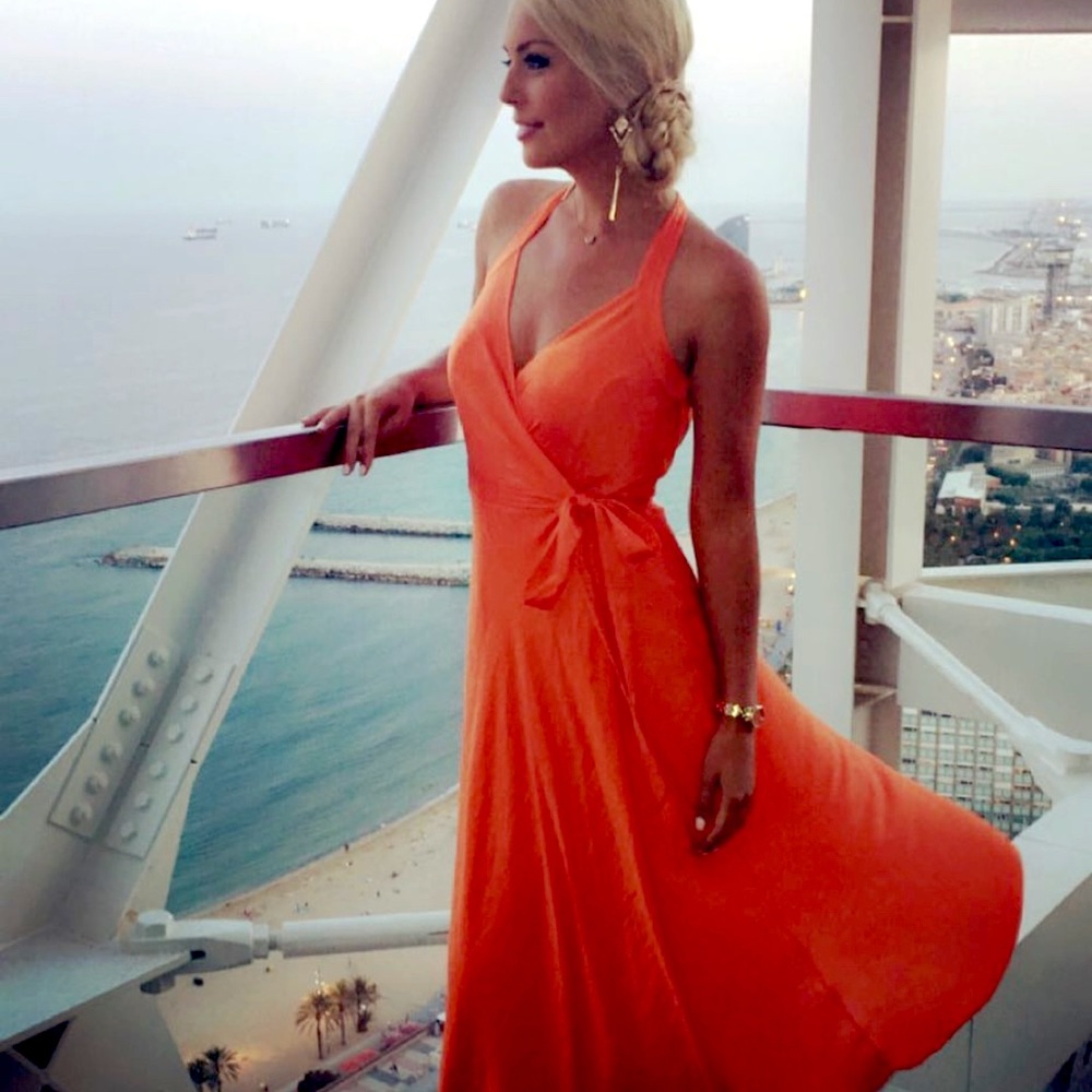 A sunset orange wrap maxi dress from Polo Ralph Lauren.